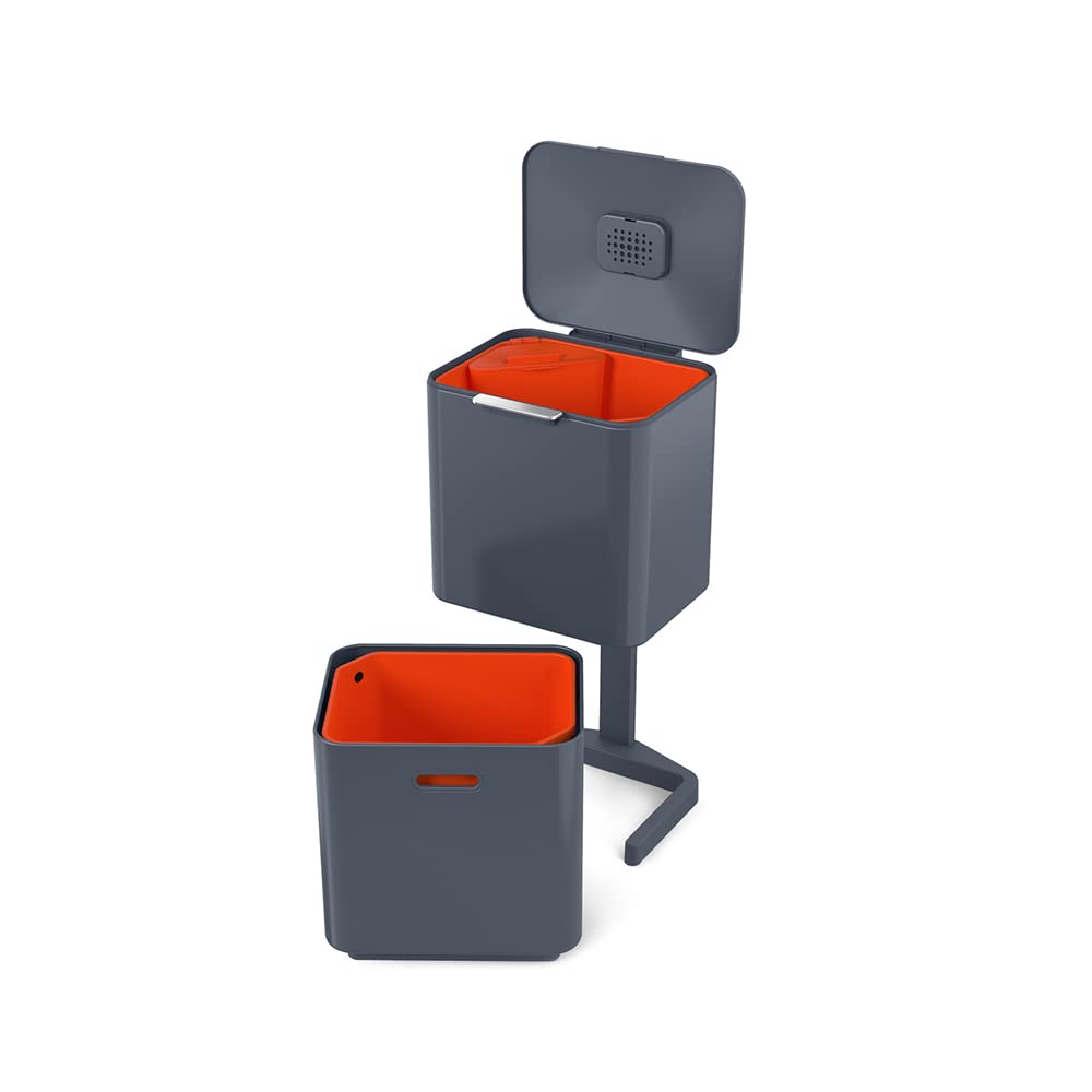 Joseph Joseph Totem Max 60 Liter/15.85 Gallon Waste Separation and Recycling Kitchen Trash Can with Odor Filter and Removable Food Waste Caddy, Stainless Steel