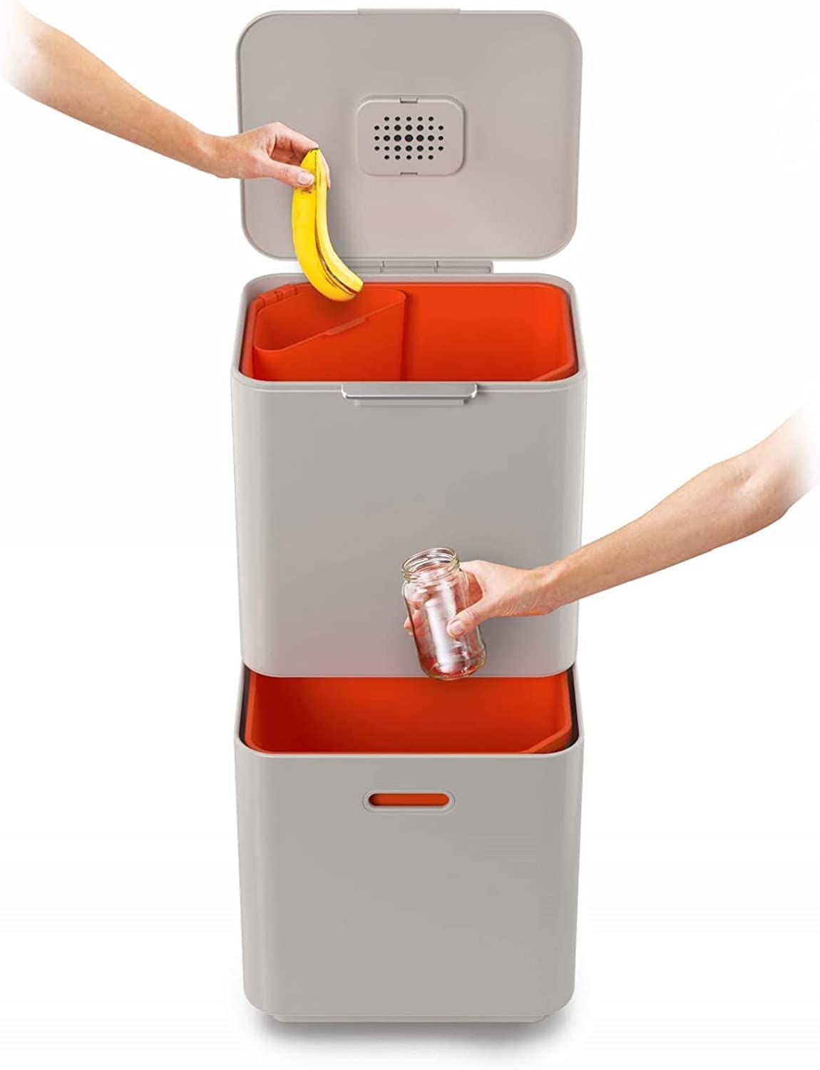 Joseph Joseph Totem Max 60 Liter/15.85 Gallon Waste Separation and Recycling Kitchen Trash Can with Odor Filter and Removable Food Waste Caddy, Stainless Steel