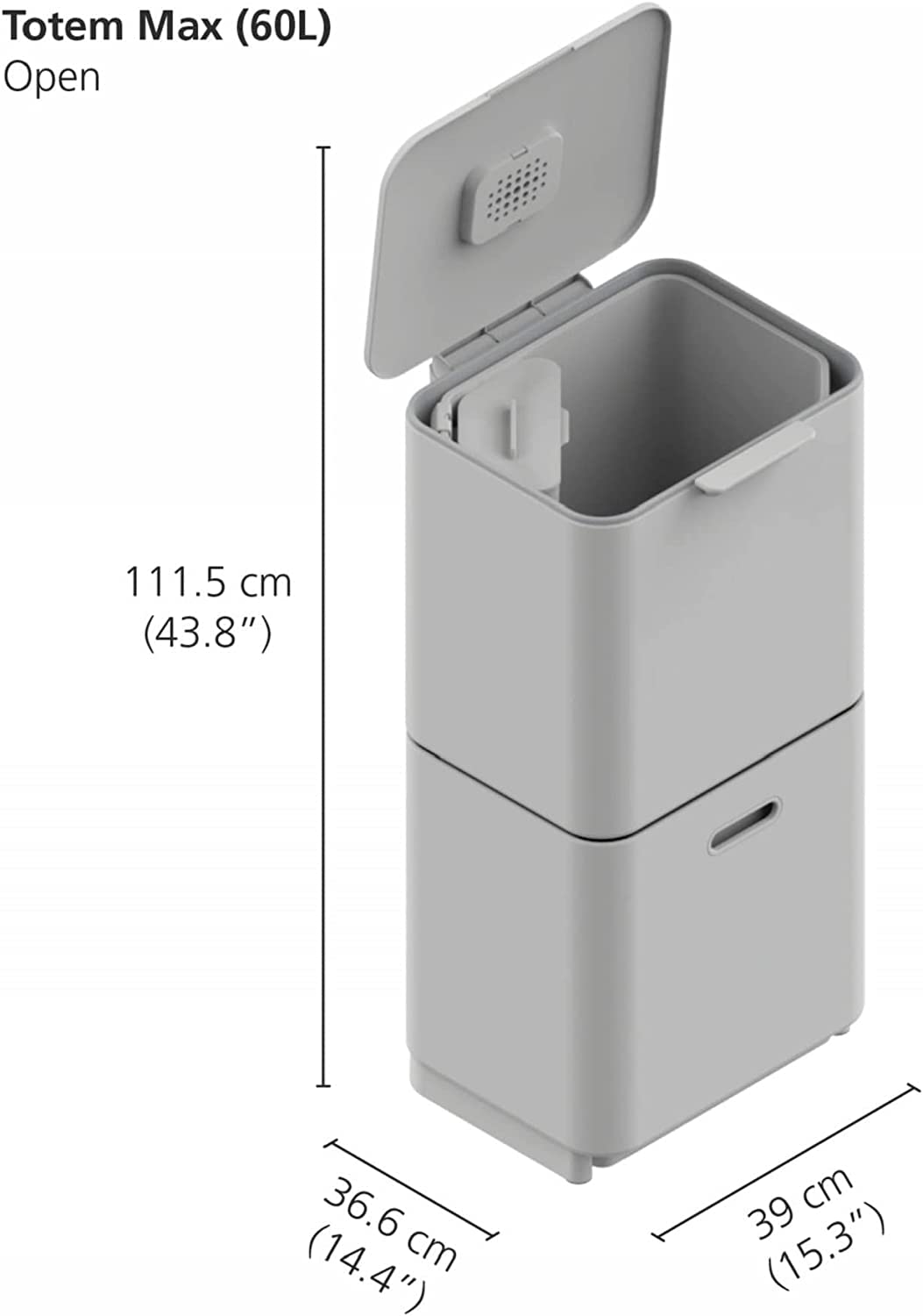 Joseph Joseph Totem Max 60 Liter/15.85 Gallon Waste Separation and Recycling Kitchen Trash Can with Odor Filter and Removable Food Waste Caddy, Stainless Steel