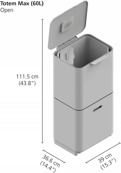 Joseph Joseph Totem Max 60 Liter/15.85 Gallon Waste Separation and Recycling Kitchen Trash Can with Odor Filter and Removable Food Waste Caddy, Stainless Steel
