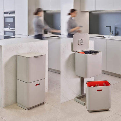 Joseph Joseph Totem Max 60 Liter/15.85 Gallon Waste Separation and Recycling Kitchen Trash Can with Odor Filter and Removable Food Waste Caddy, Stainless Steel