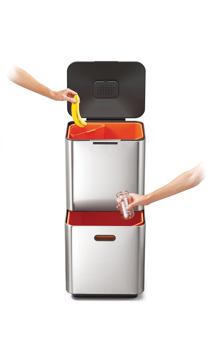 Joseph Joseph Totem Max 60 Liter/15.85 Gallon Waste Separation and Recycling Kitchen Trash Can with Odor Filter and Removable Food Waste Caddy, Stainless Steel