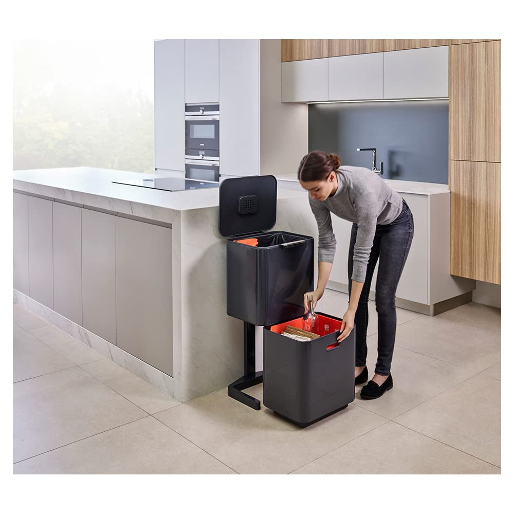 Joseph Joseph Totem Max 60 Liter/15.85 Gallon Waste Separation and Recycling Kitchen Trash Can with Odor Filter and Removable Food Waste Caddy, Stainless Steel