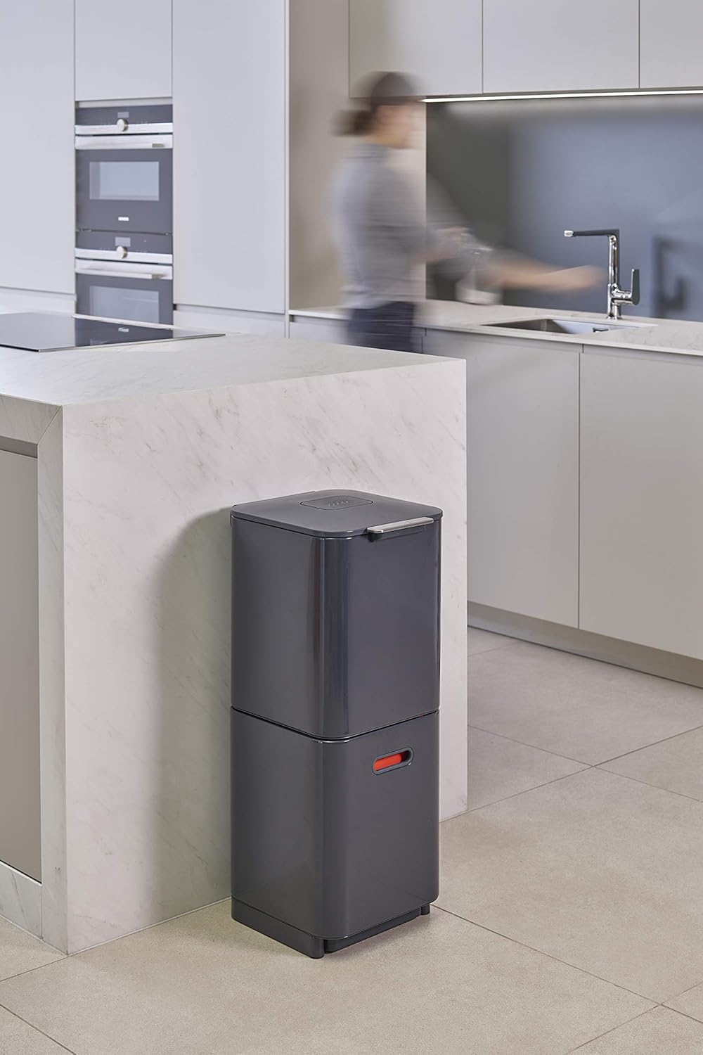 Joseph Joseph Totem Max 60 Liter/15.85 Gallon Waste Separation and Recycling Kitchen Trash Can with Odor Filter and Removable Food Waste Caddy, Stainless Steel