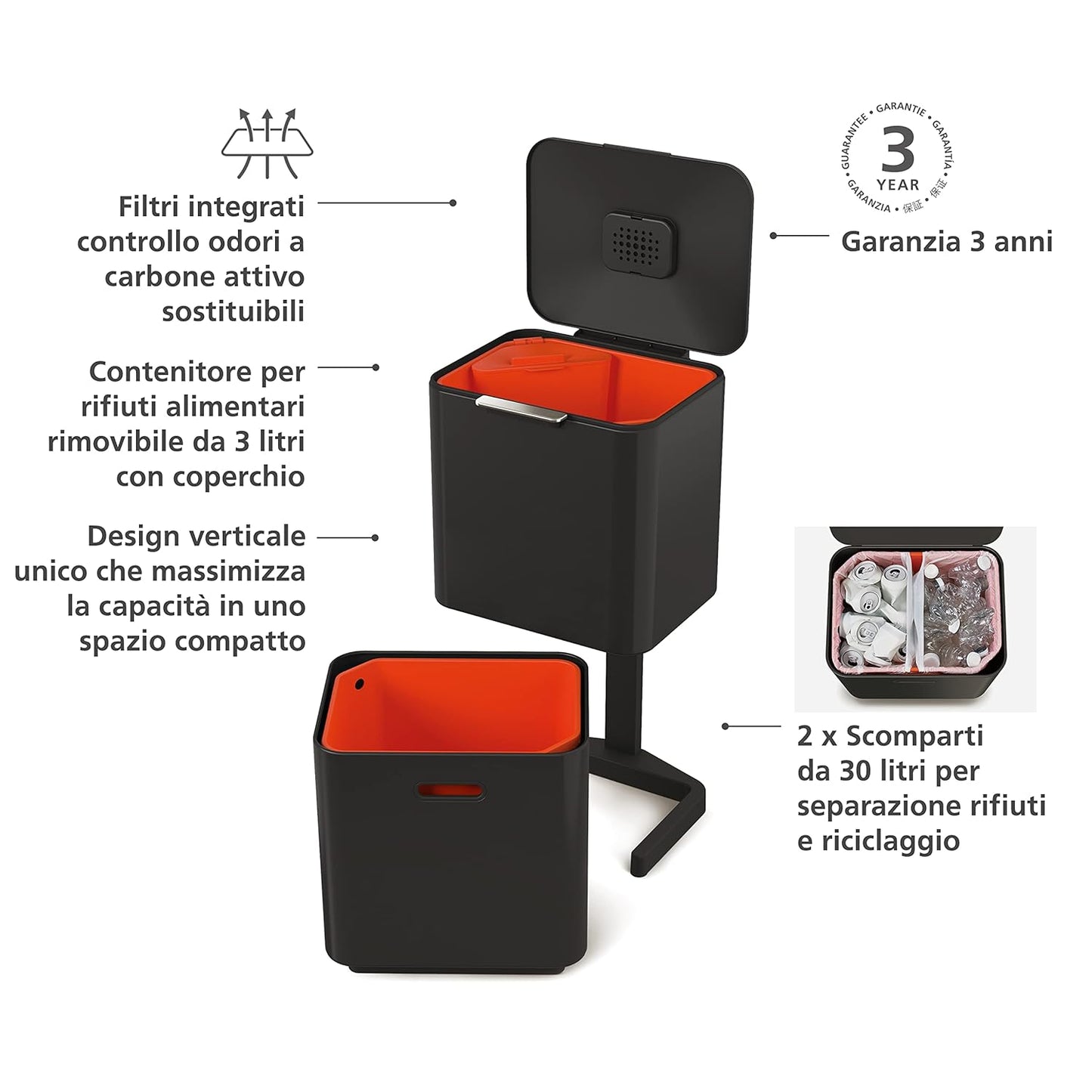 Joseph Joseph Totem Max 60 Liter/15.85 Gallon Waste Separation and Recycling Kitchen Trash Can with Odor Filter and Removable Food Waste Caddy, Stainless Steel