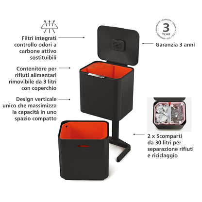 Joseph Joseph Totem Max 60 Liter/15.85 Gallon Waste Separation and Recycling Kitchen Trash Can with Odor Filter and Removable Food Waste Caddy, Stainless Steel