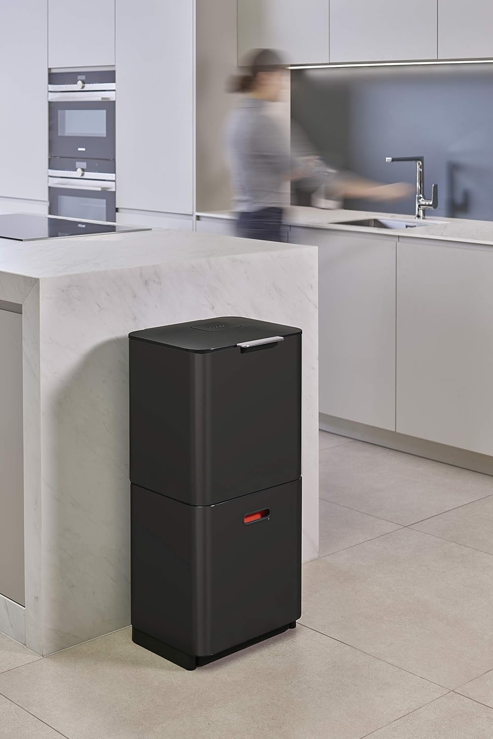 Joseph Joseph Totem Max 60 Liter/15.85 Gallon Waste Separation and Recycling Kitchen Trash Can with Odor Filter and Removable Food Waste Caddy, Stainless Steel