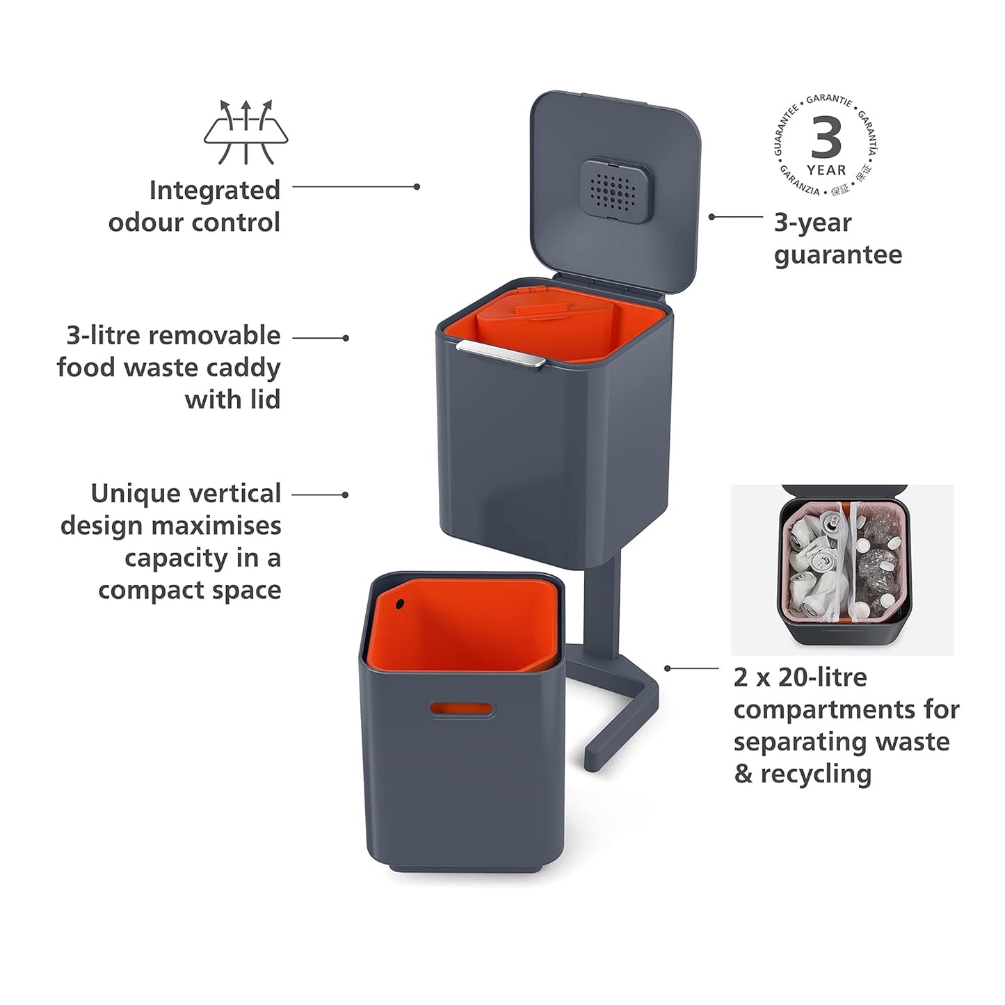 Joseph Joseph Totem Max 60 Liter/15.85 Gallon Waste Separation and Recycling Kitchen Trash Can with Odor Filter and Removable Food Waste Caddy, Stainless Steel