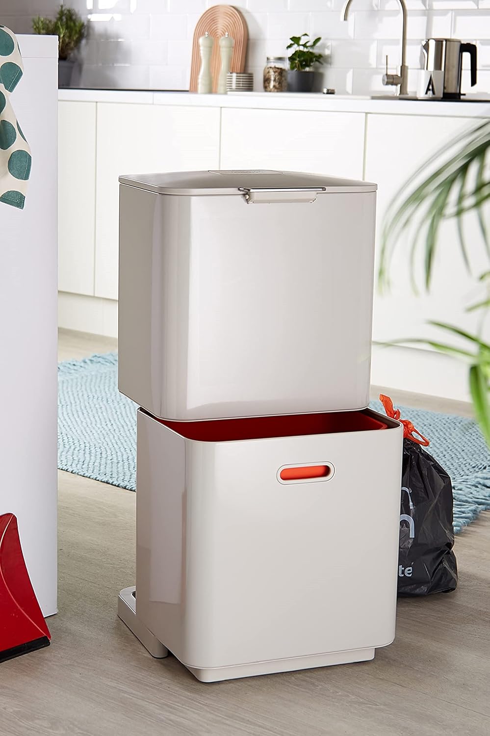 Joseph Joseph Totem Max 60 Liter/15.85 Gallon Waste Separation and Recycling Kitchen Trash Can with Odor Filter and Removable Food Waste Caddy, Stainless Steel