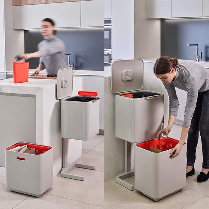 Joseph Joseph Totem Max 60 Liter/15.85 Gallon Waste Separation and Recycling Kitchen Trash Can with Odor Filter and Removable Food Waste Caddy, Stainless Steel
