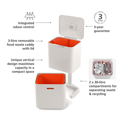 Joseph Joseph Totem Max 60 Liter/15.85 Gallon Waste Separation and Recycling Kitchen Trash Can with Odor Filter and Removable Food Waste Caddy, Stainless Steel