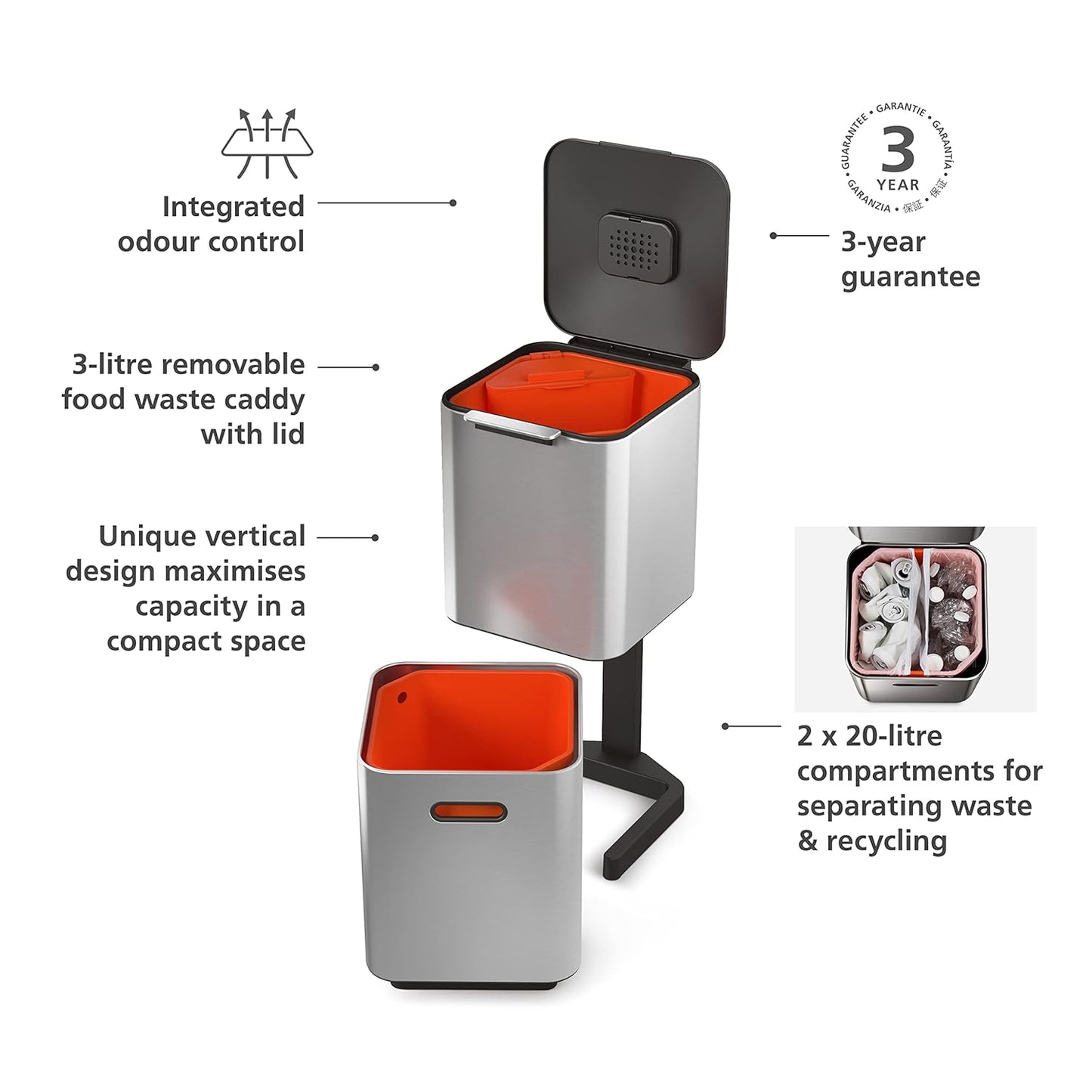 Joseph Joseph Totem Max 60 Liter/15.85 Gallon Waste Separation and Recycling Kitchen Trash Can with Odor Filter and Removable Food Waste Caddy, Stainless Steel