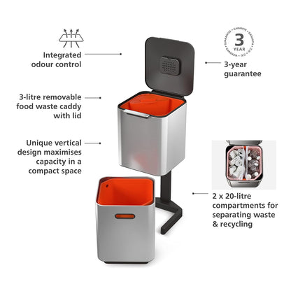 Joseph Joseph Totem Max 60 Liter/15.85 Gallon Waste Separation and Recycling Kitchen Trash Can with Odor Filter and Removable Food Waste Caddy, Stainless Steel