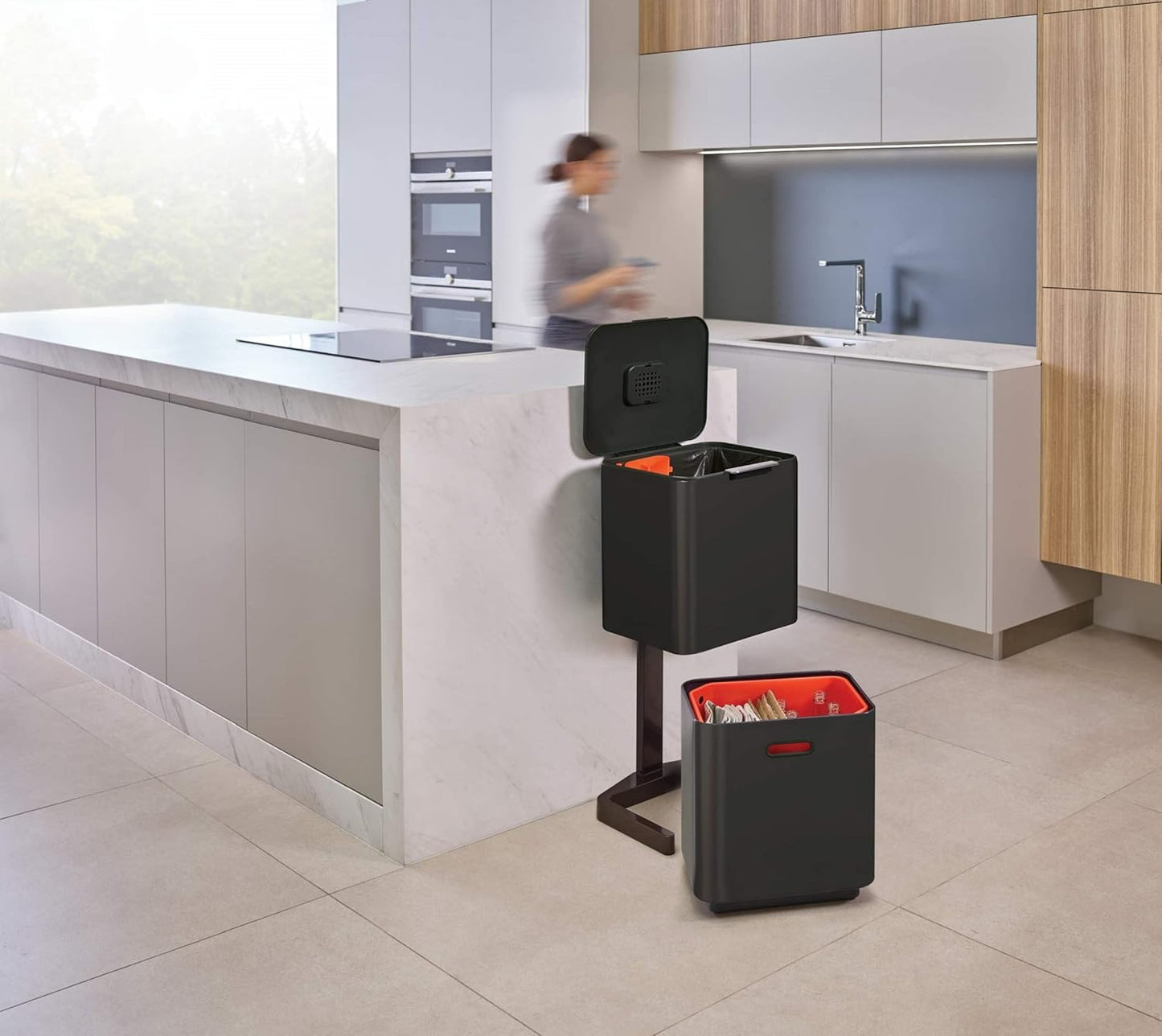 Joseph Joseph Totem Max 60 Liter/15.85 Gallon Waste Separation and Recycling Kitchen Trash Can with Odor Filter and Removable Food Waste Caddy, Stainless Steel