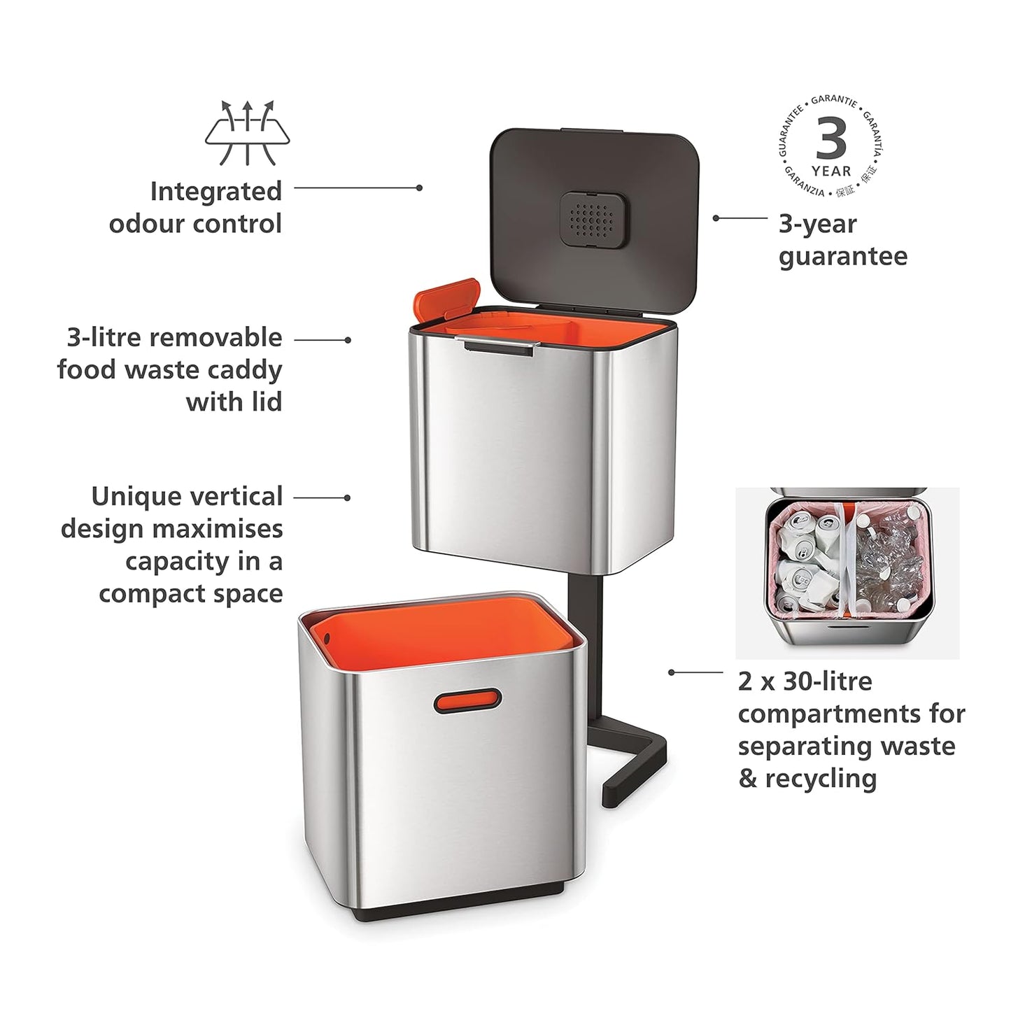 Joseph Joseph Totem Max 60 Liter/15.85 Gallon Waste Separation and Recycling Kitchen Trash Can with Odor Filter and Removable Food Waste Caddy, Stainless Steel