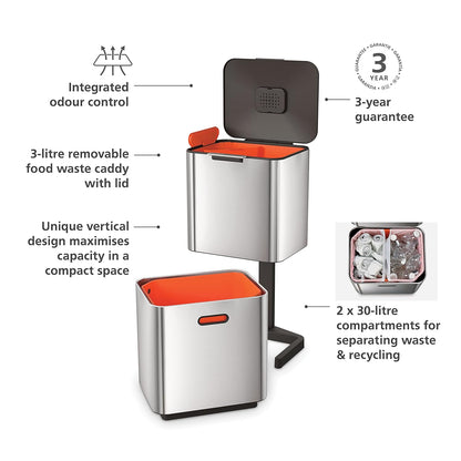 Joseph Joseph Totem Max 60 Liter/15.85 Gallon Waste Separation and Recycling Kitchen Trash Can with Odor Filter and Removable Food Waste Caddy, Stainless Steel
