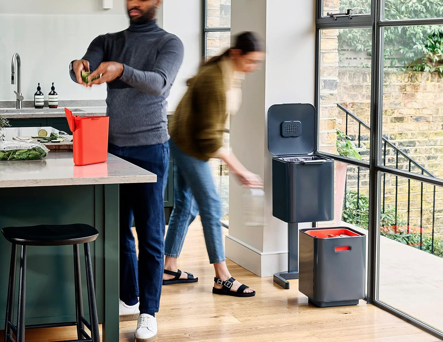 Joseph Joseph Totem Max 60 Liter/15.85 Gallon Waste Separation and Recycling Kitchen Trash Can with Odor Filter and Removable Food Waste Caddy, Stainless Steel