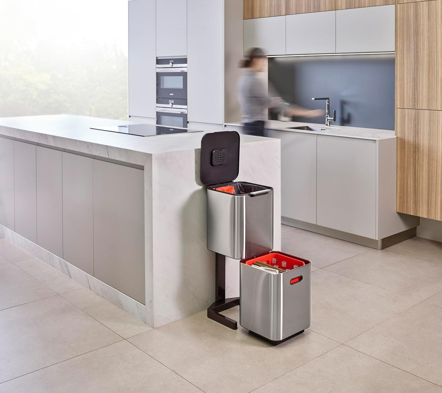 Joseph Joseph Totem Max 60 Liter/15.85 Gallon Waste Separation and Recycling Kitchen Trash Can with Odor Filter and Removable Food Waste Caddy, Stainless Steel