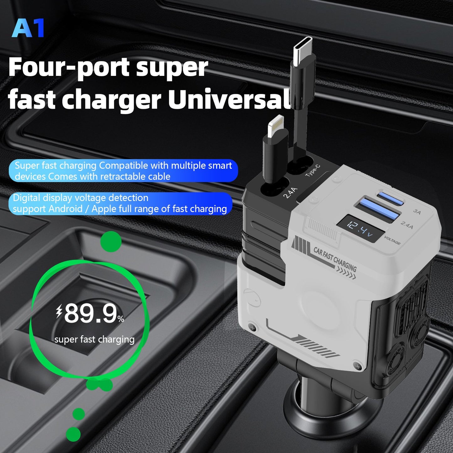 ⏰Christmas Limited-Time Offer🎄Retractable Car Charger 4 in 1 USB C Fast Charging Adapter with Dual Charge Port
